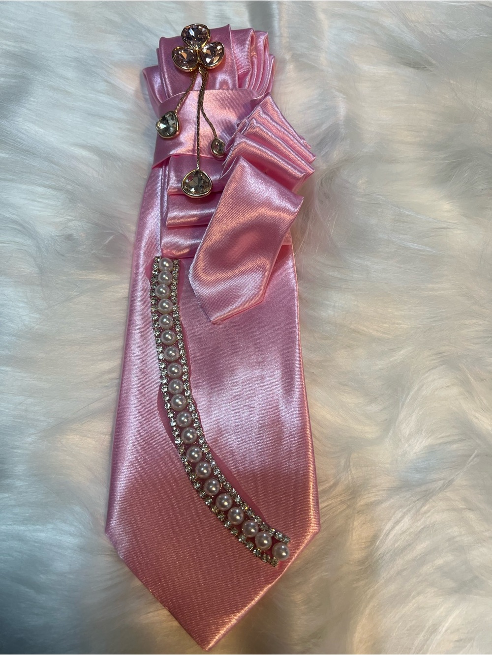 Pink Satin Jeweled Tie and Scarf Accessory